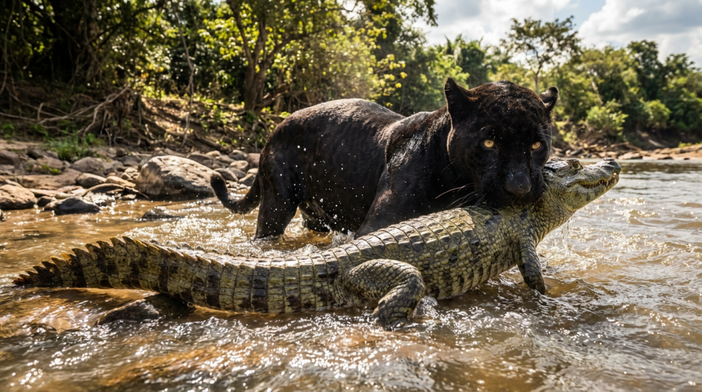 Onça-preta é flagrada arrastando jacaré-açu para fora do rio em raro registro