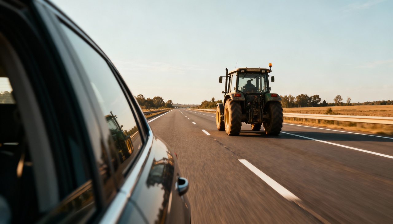 O trator está se deslocando a 20 km/h. É possível ultrapassá-lo se a estrada tiver uma faixa contínua?