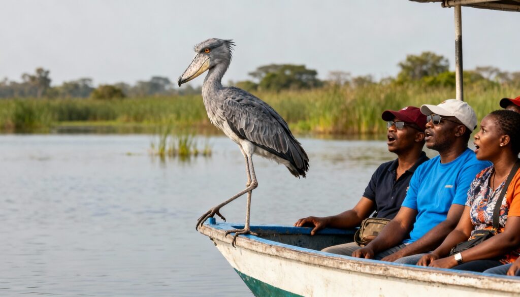 Uma enorme ave, semelhante a um dinossauro, pousa em um barco turístico na África