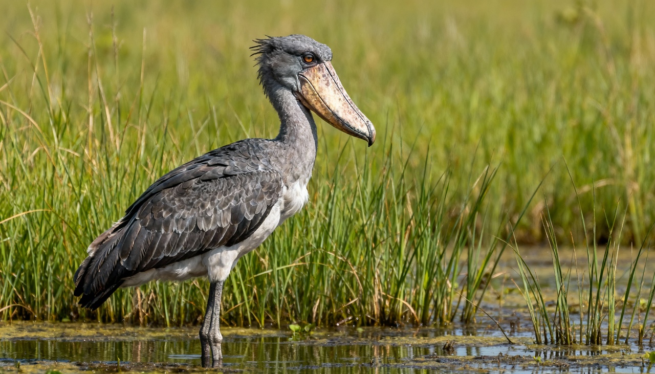 Uma enorme ave, semelhante a um dinossauro, pousa em um barco turístico na África