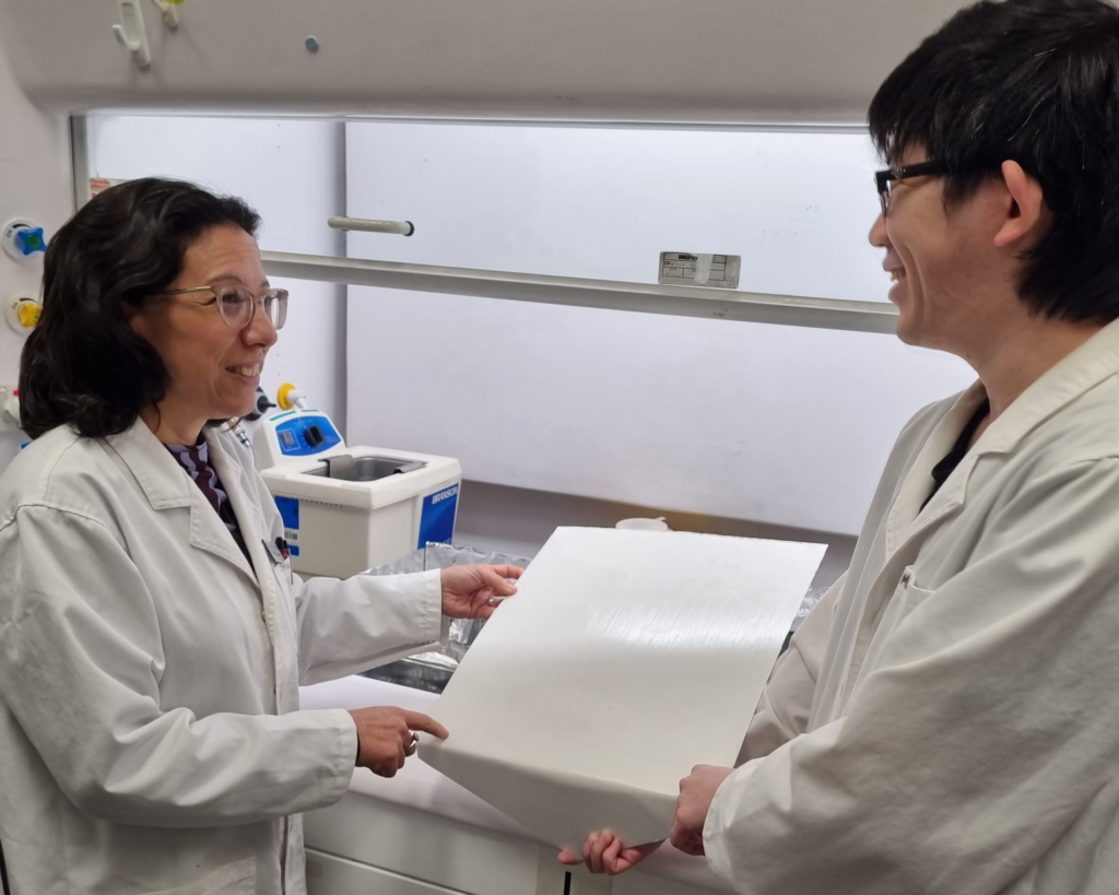 A professora Chiara Neto e o Dr. Ming Chiu com um painel de alumínio revestido com tinta para telhado frio à base de água - Créditos: Chiara Neto/University of Sydney