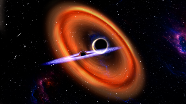 Concepção artística demonstra a aproximação para fusão de dois buracos negros de massa diferente, com um deles tendo propriedades de giro incomuns - Carl Knox, OzGrav, Swinburne University of Technology