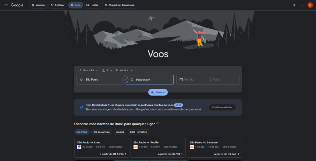 Página inicial do Google Flights - Reprodução/Google