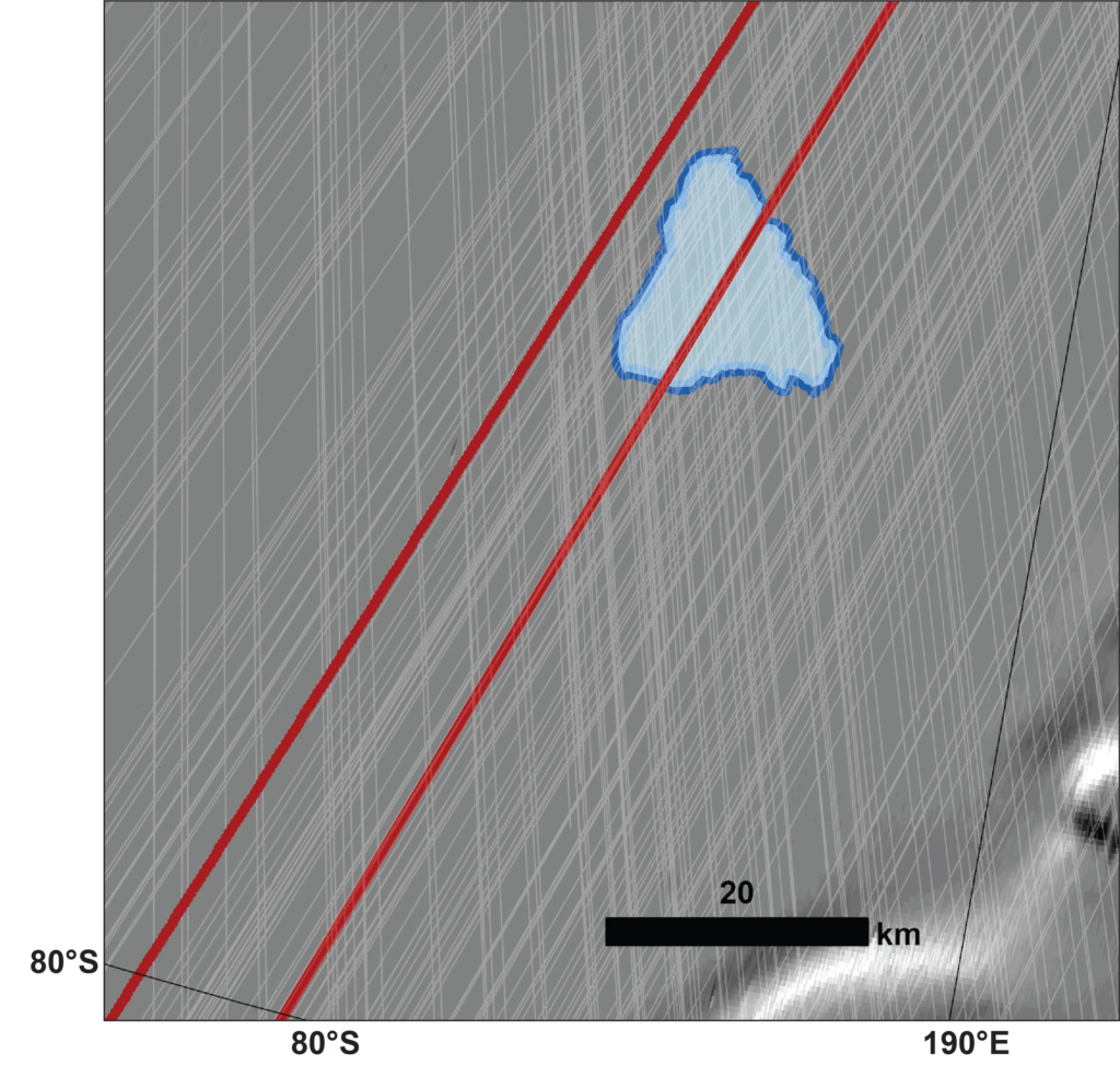 A sonda registrou essa imagem em 2018, onde os cientistas interpretaram ser um lago no subsolo marciano. As linhas vermelhas representam o caminho que o Orbiter fez - Planetary Science Institute