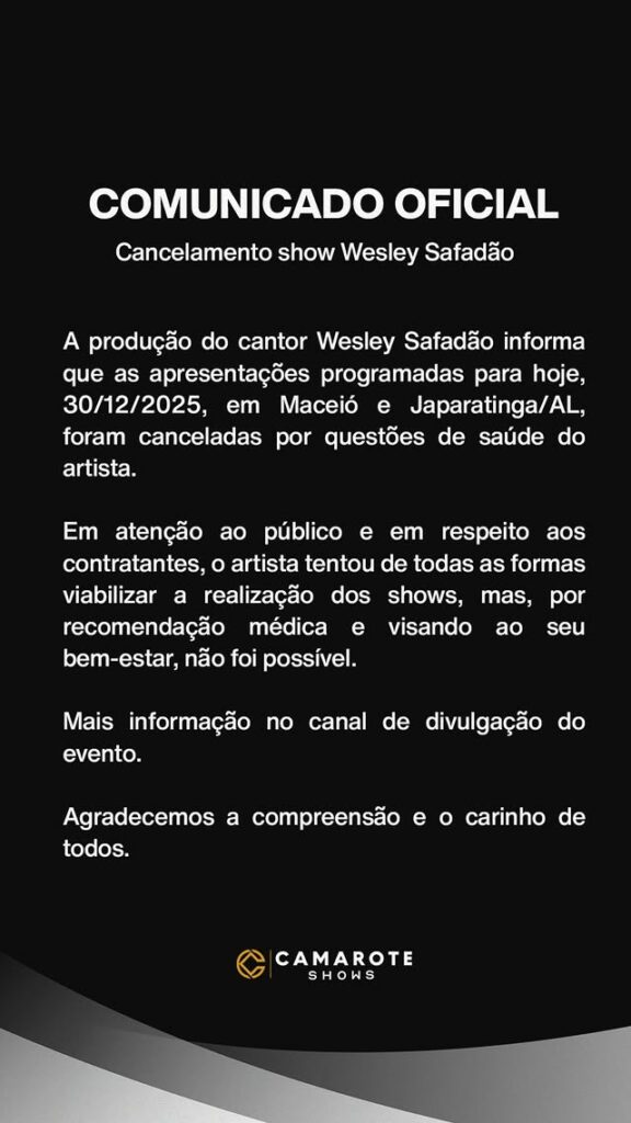 Wesley Safadão cancela shows em AL por problema de saúde