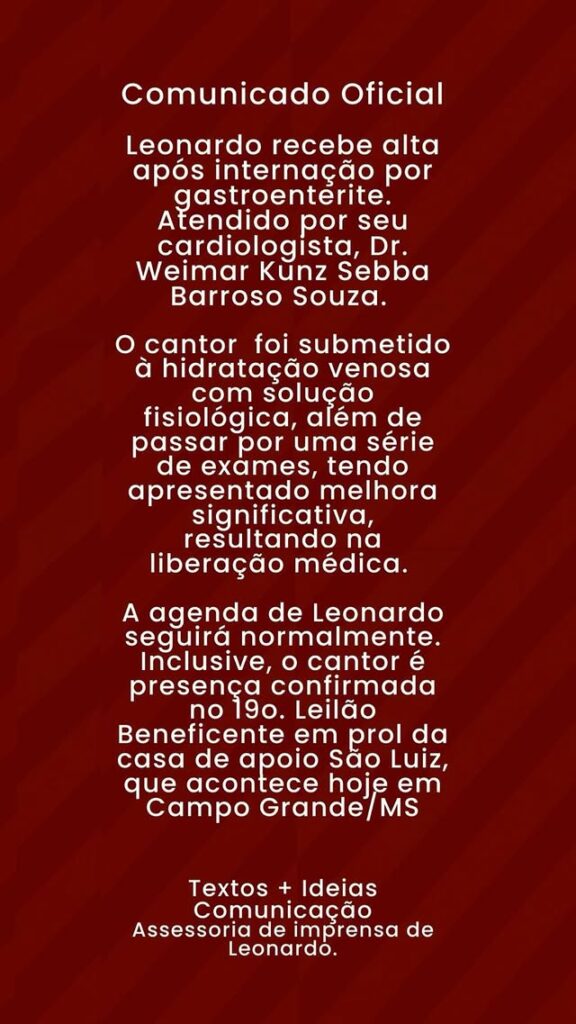 Leonardo recebe alta do hospital após desidratação