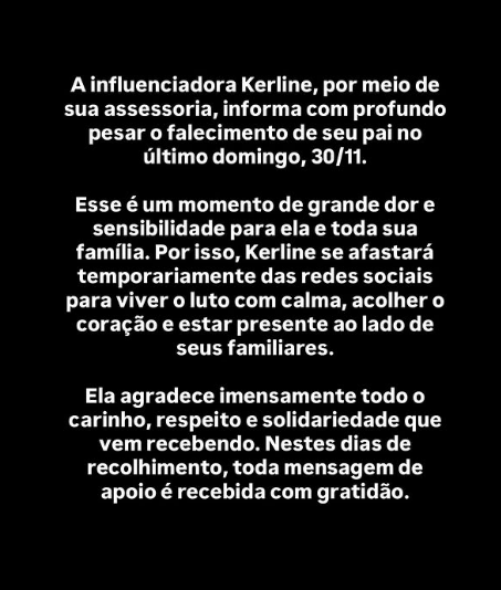 Ex-BBB anuncia morte do pai e ausência das redes sociais