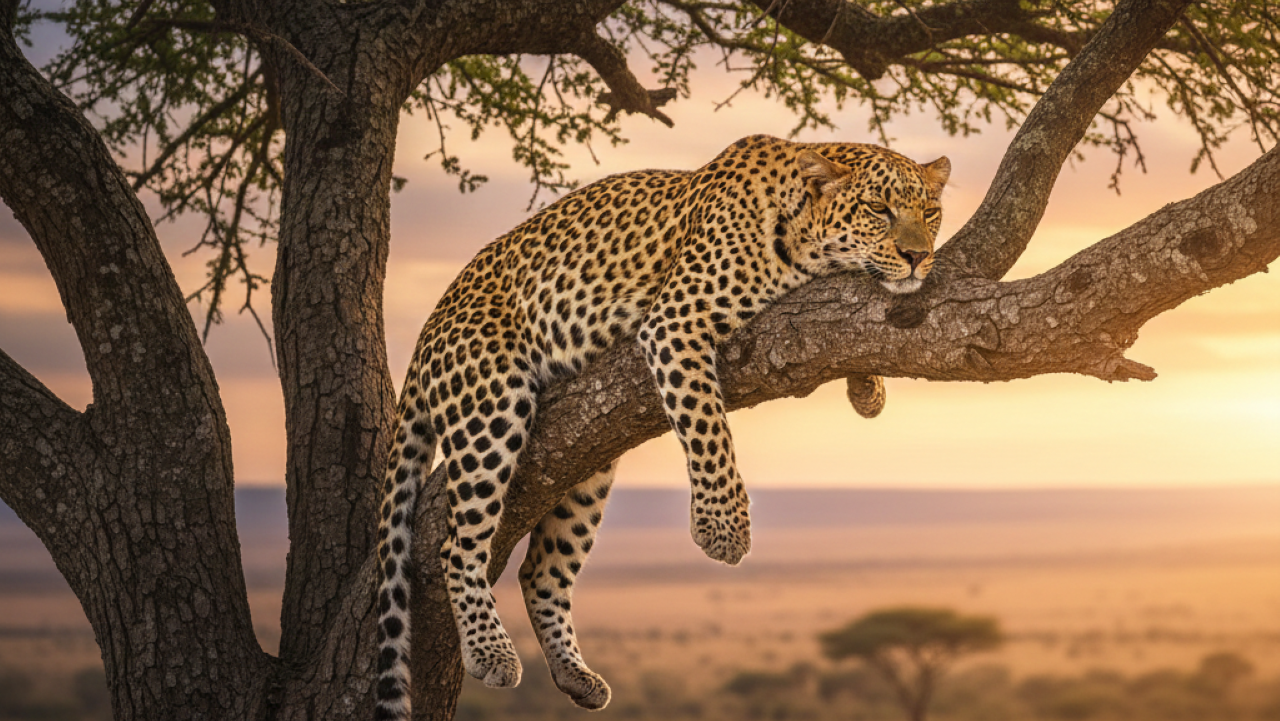 Leopardo é flagrado descansando no topo de árvore gigante