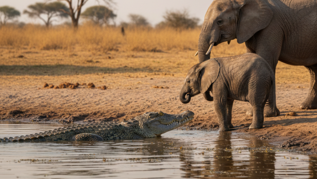 Crocodilo gigante ataca jovem elefante atravessando rio