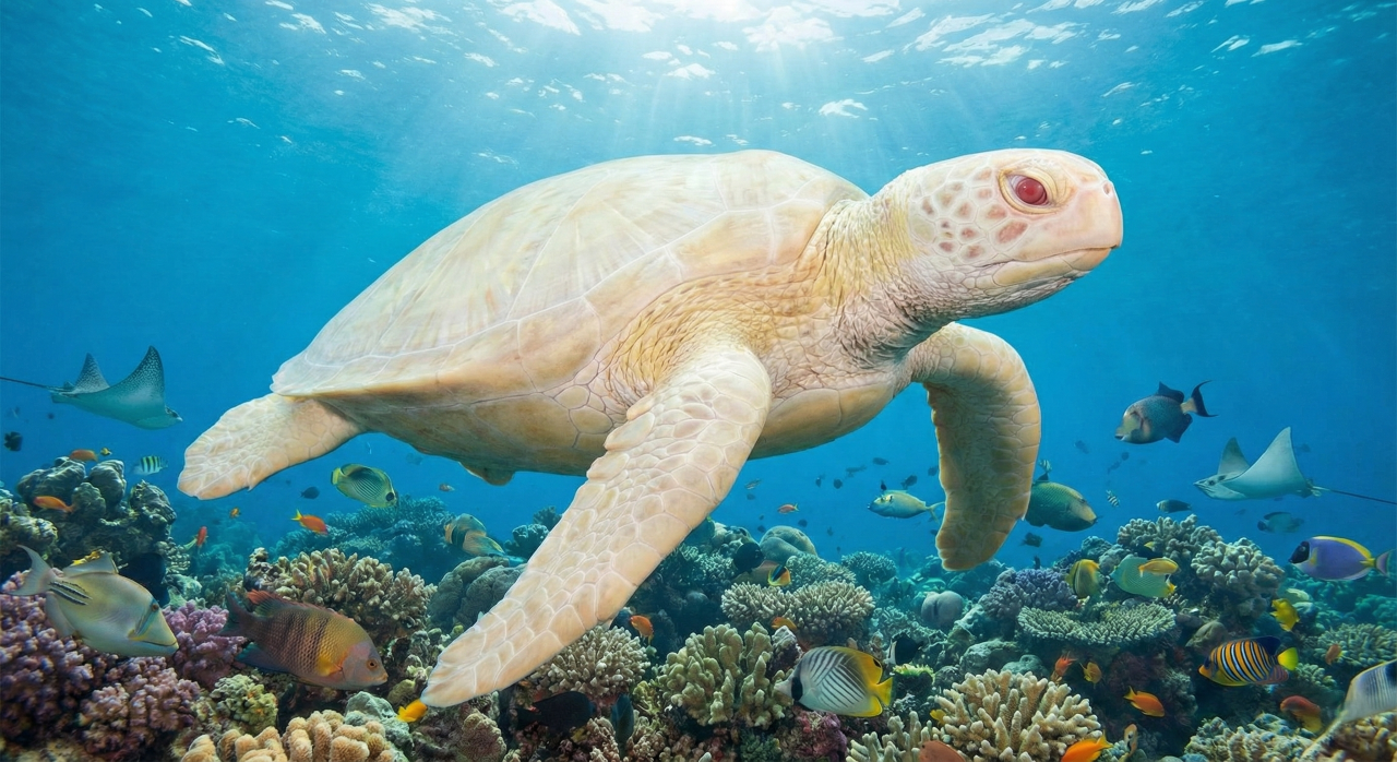 Uma câmera flagrou imagens raras de tartaruga albina nadando com rêmoras