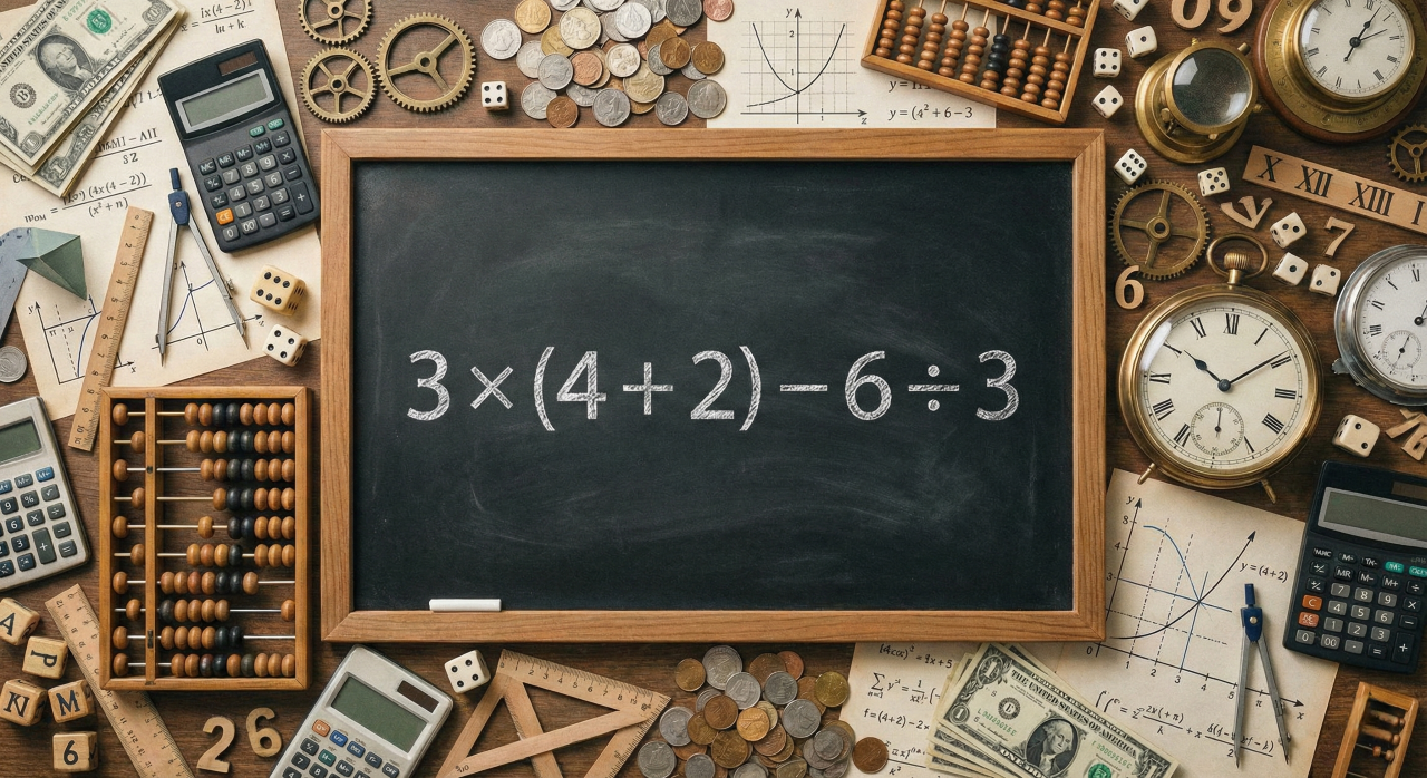 Quanto é 3 × (4 + 2) – 6 ÷ 3? A conta onde os parenteses não podem ser ignorados