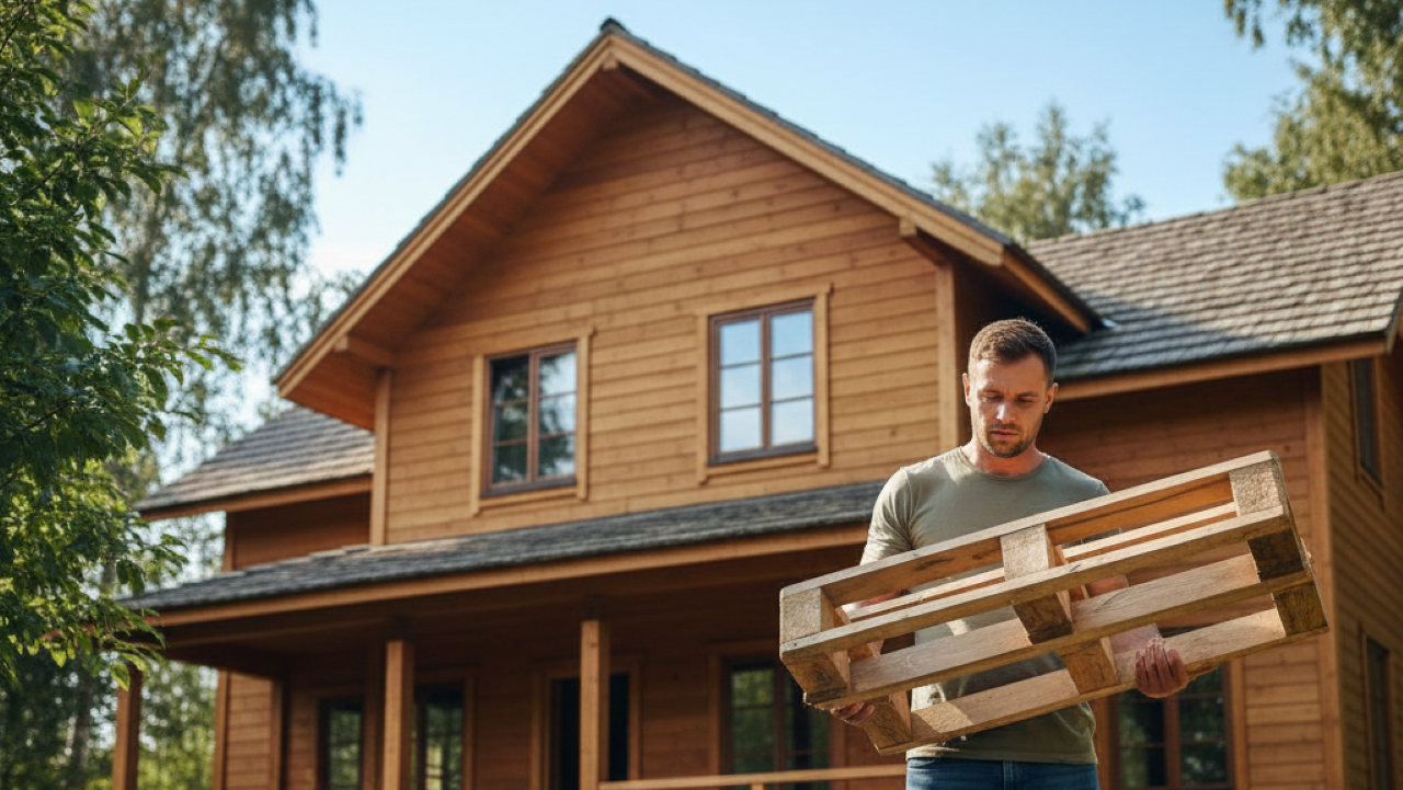 Homem constrói casa com paletes de madeira abandonadas na floresta