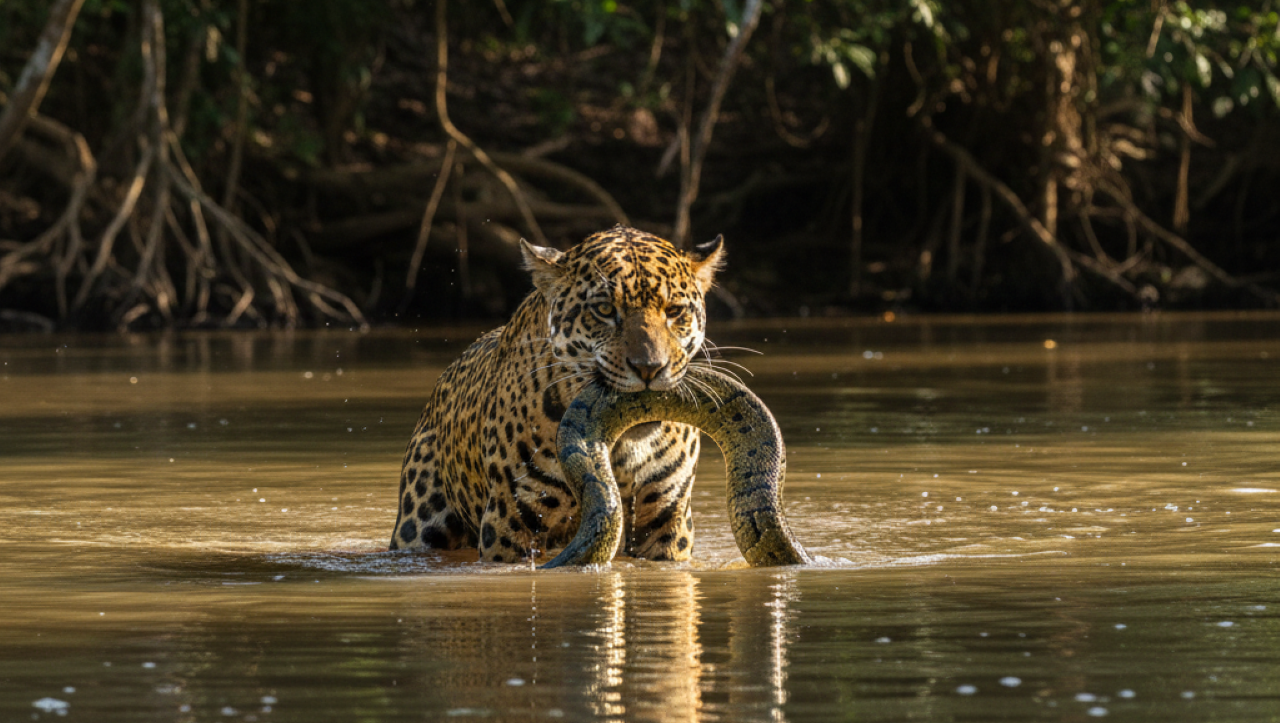 Onça-pintada arrasta sucuri para fora de rio