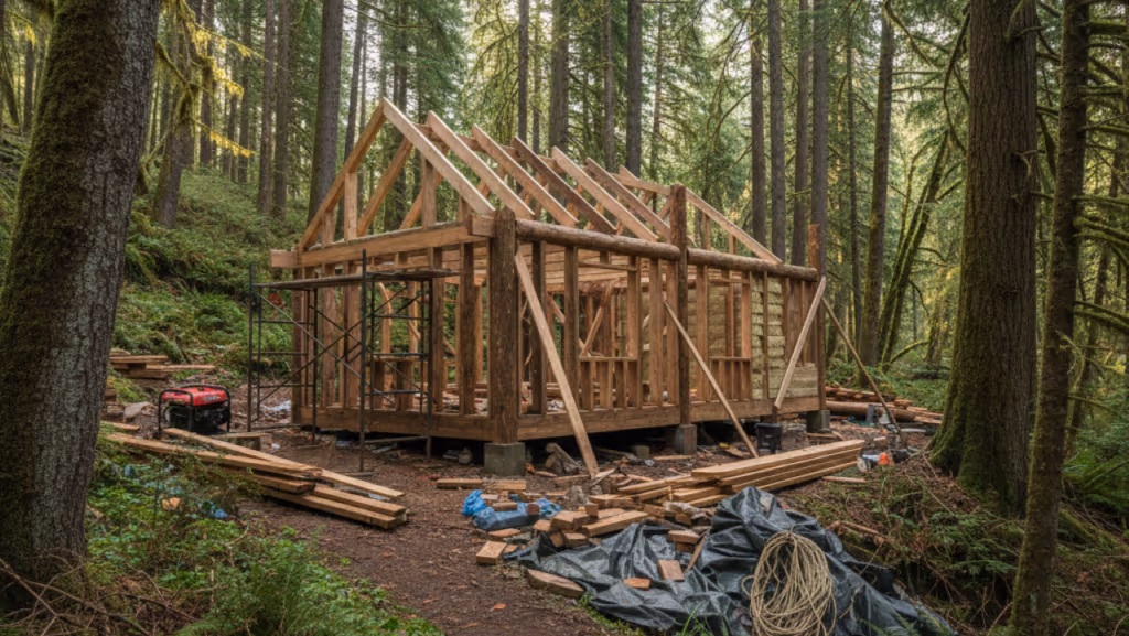 Essa cabana feita só com vídeos no YouTube tem água corrente, energia solar e fogão a lenha