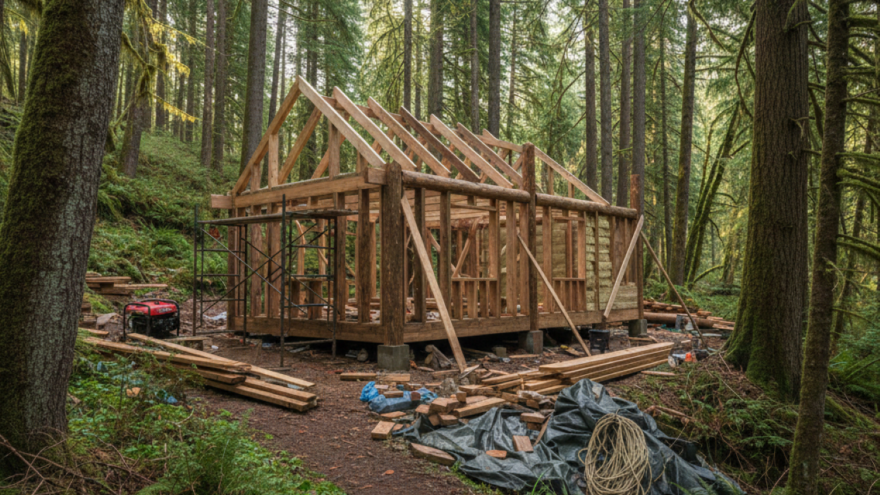Homem constrói cabana enorme na floresta com as próprias mãos