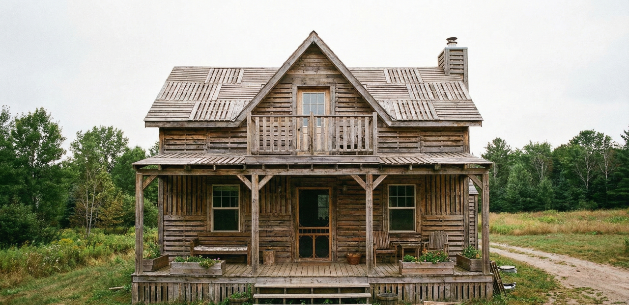 Com paletes de madeira, ele constrói uma casa inteira na floresta e vive sem energia elétrica