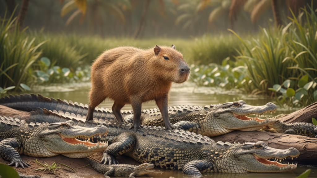 Capivara é flagrada caminhando entre jacarés
