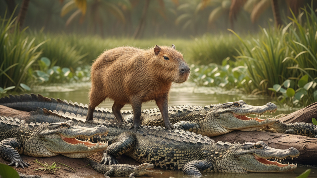 Capivara é flagrada caminhando entre jacarés