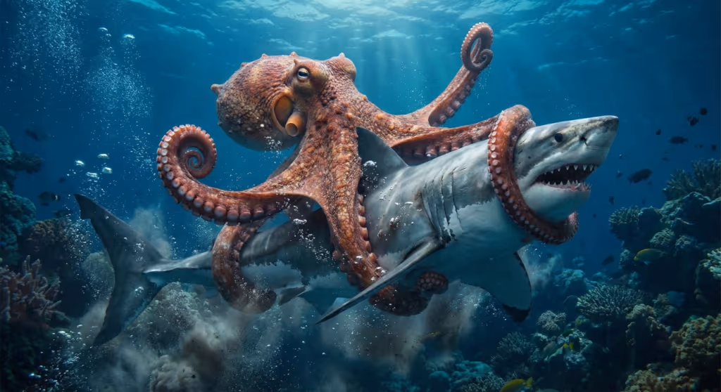Polvo agarra tubarão com todos os seus tentáculos e revela algo estranho sobre o oceano