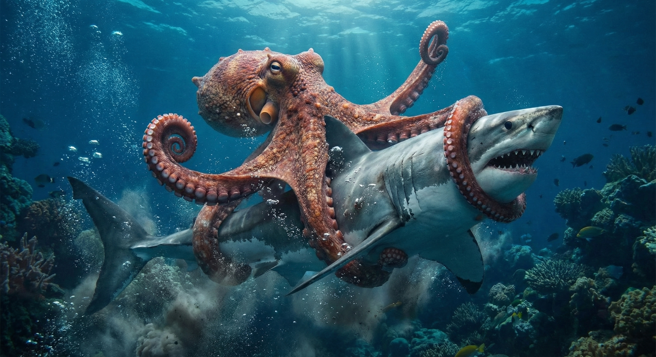 Polvo agarra tubarão com todos os seus tentáculos e revela algo estranho sobre o oceano