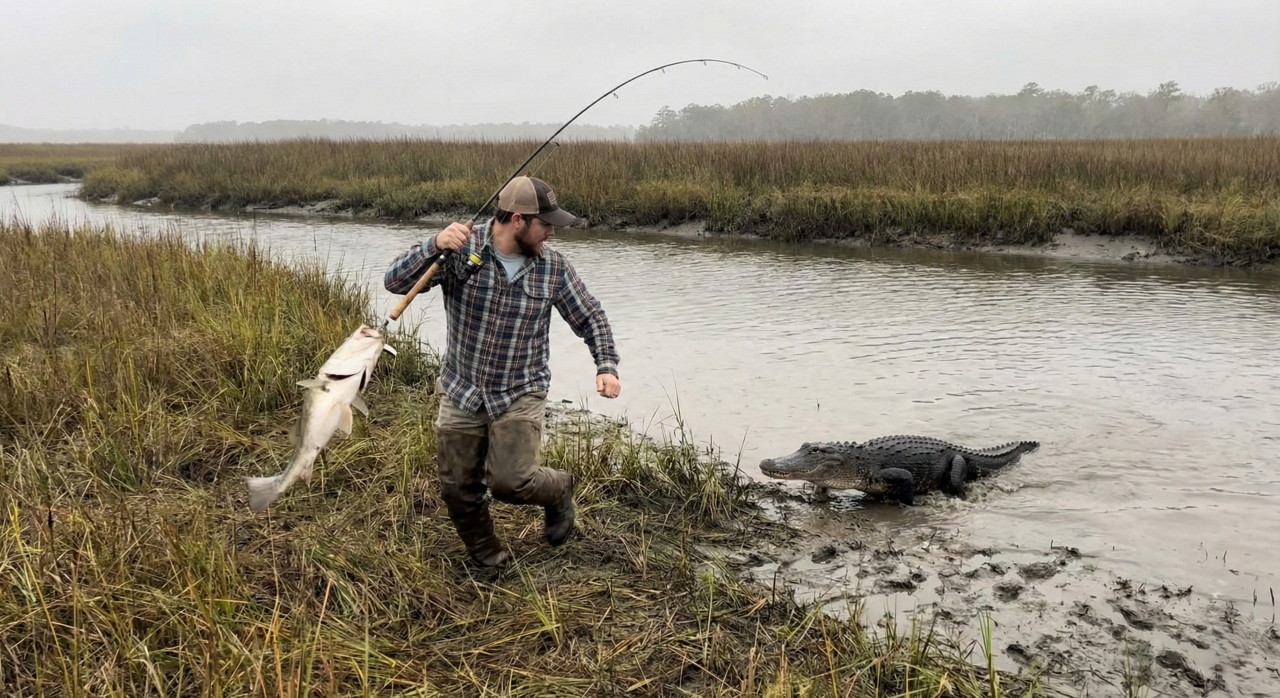 Ele puxou o peixe e quem apareceu foi um jacaré nada amigável