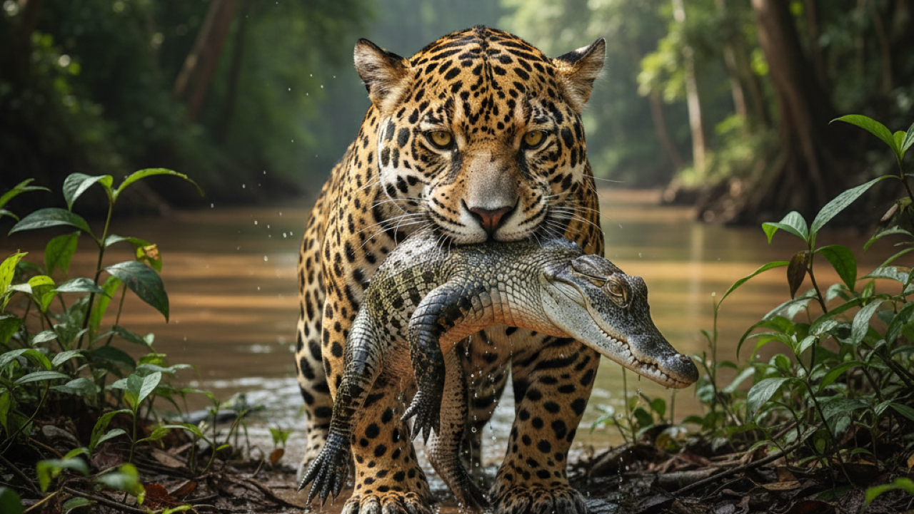 Onça-pintada salta em jacaré em meio a fortes correntezas e consegue o almoço do dia