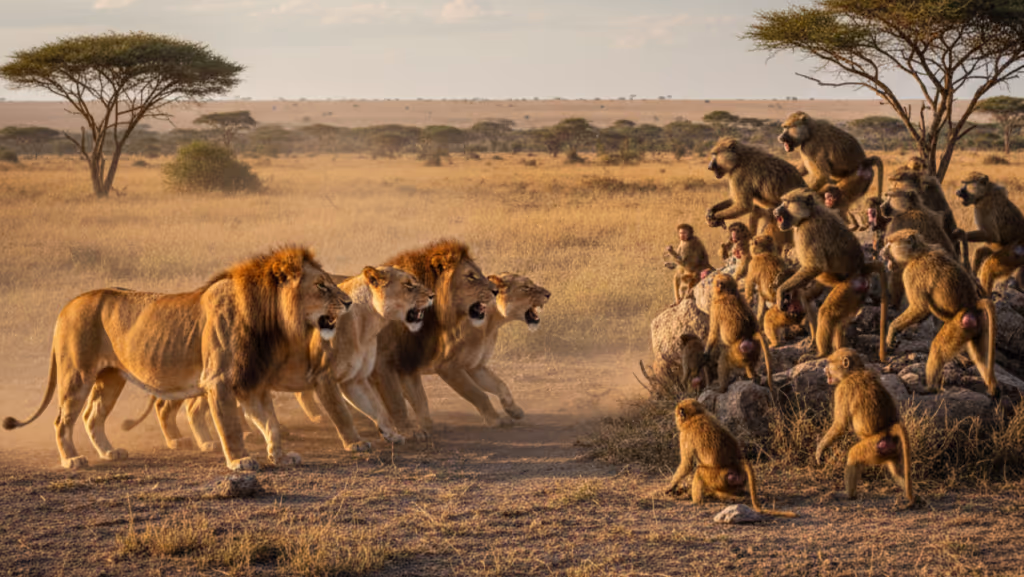 Confronto intenso entre um bando de babuínos e leões choca a internet