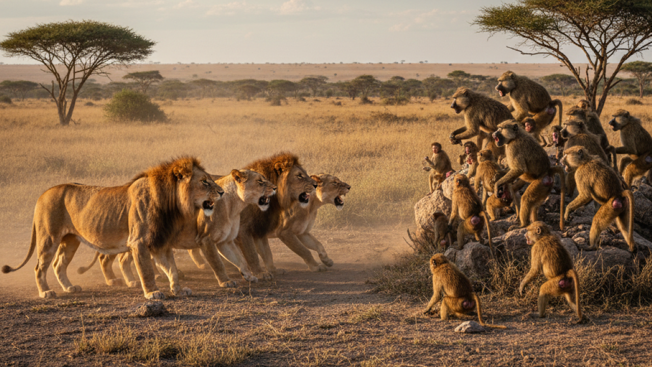 Confronto intenso entre um bando de babuínos e leões choca a internet
