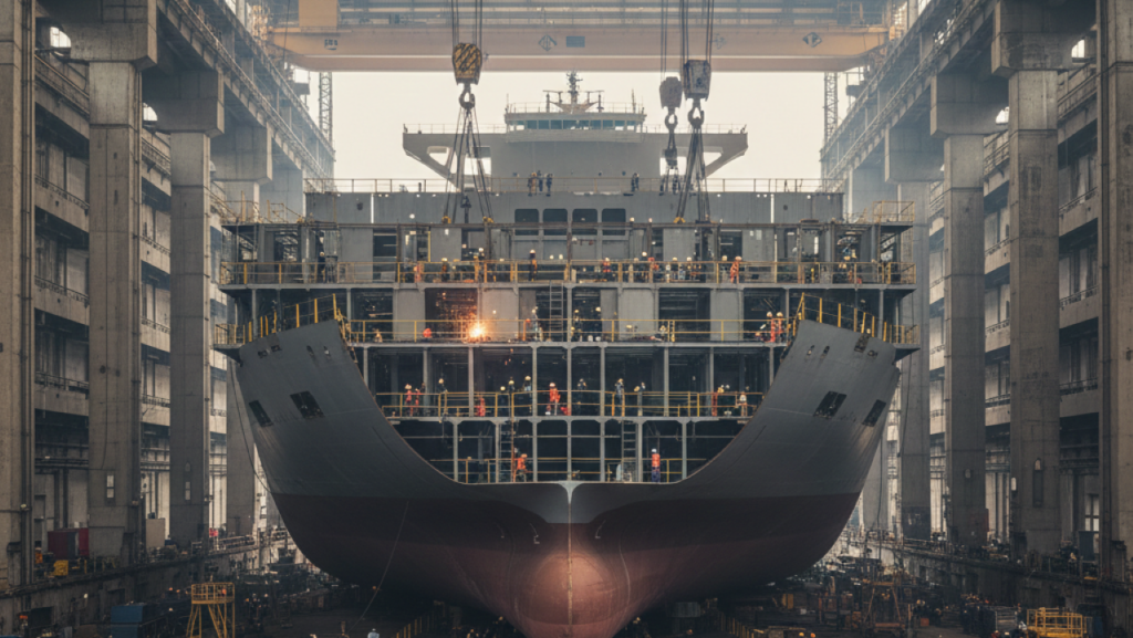 Como são construídos os navios gigantes nas maiores indústrias de construção naval do mundo?