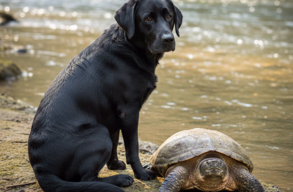 Tartaruga tenta dar uma de valentão para cima de cachorro e se dá mal