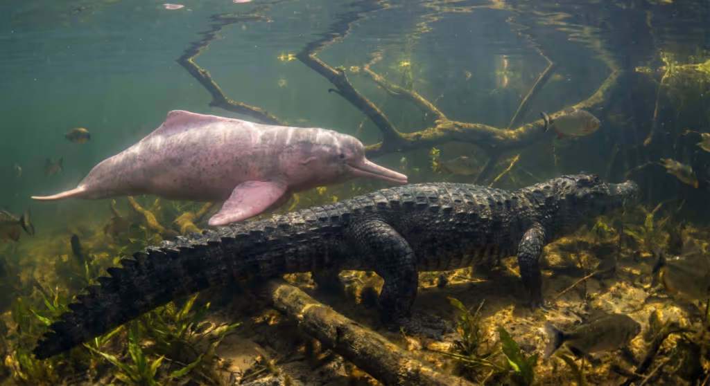 Boto-cor-de-rosa é flagrado importunando jacaré-açú gigante em rio amazônico