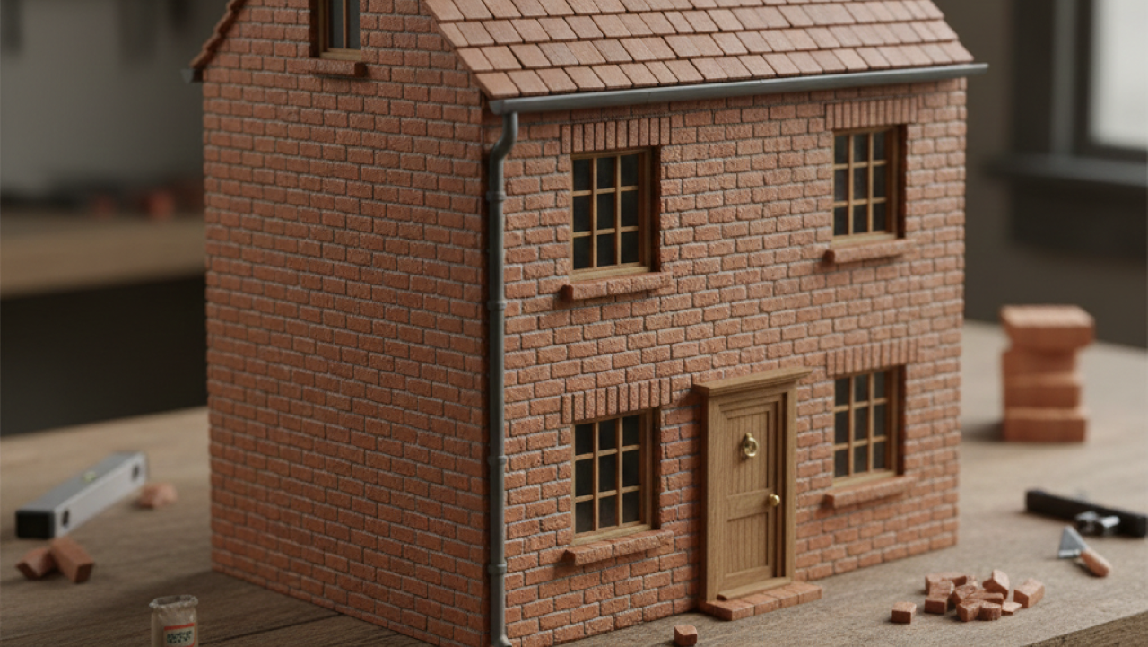 Construção de mini casa com tijolos reais mostra técnica e precisão em escala reduzida