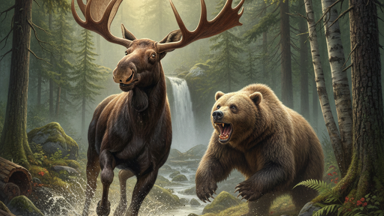 Alce é flagrado quase virando janta de urso pardo