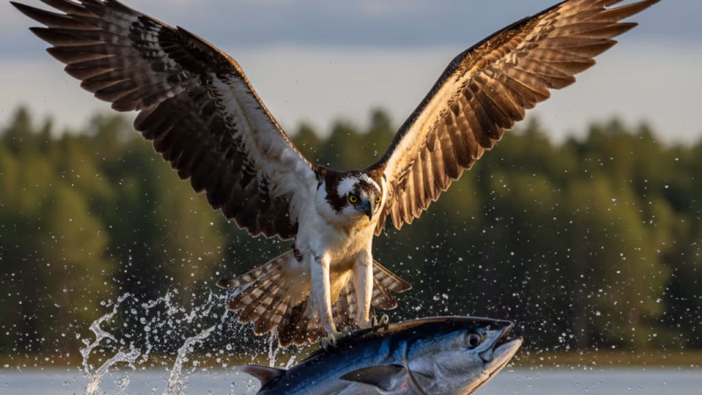 Águia-pesqueira captura peixe gigante e luta para não afundar