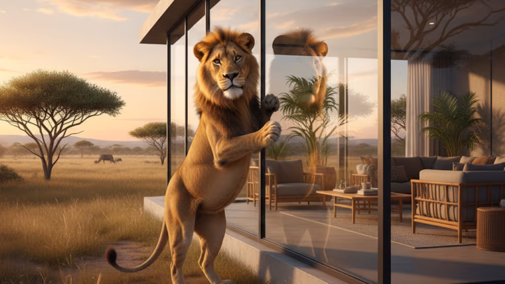 Hospedes de hotel na áfrica são surpreendidos com leão batendo na janela
