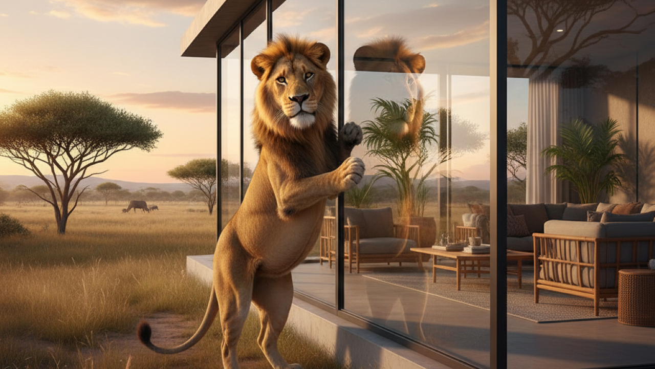 Hospedes de hotel na áfrica são surpreendidos com leão batendo na janela