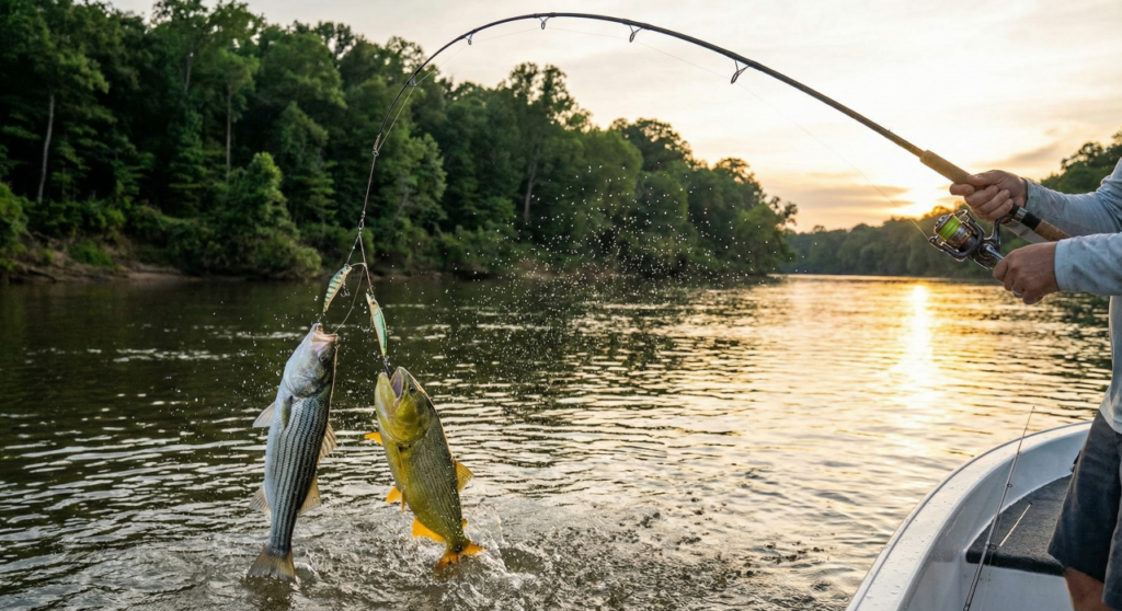 Pescador fisga dois peixes ao mesmo tempo e vídeo surpreende a internet