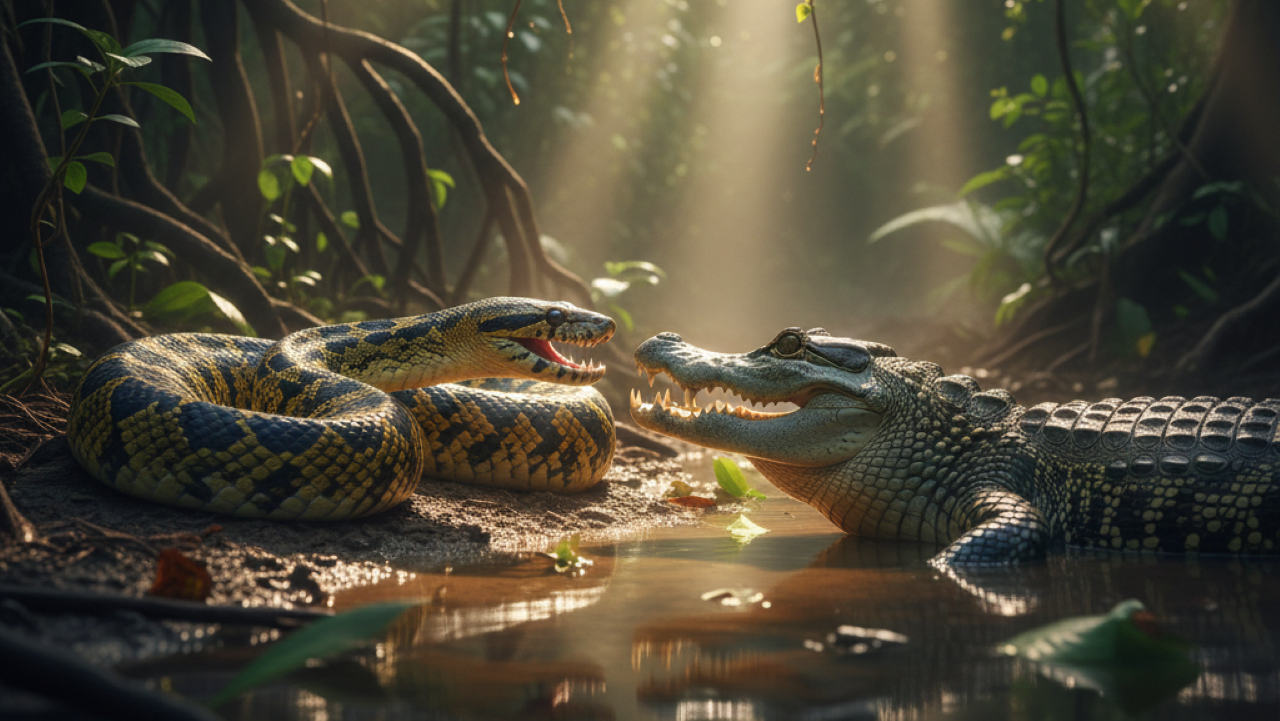 Sucuri se enrola completamente em jacaré e garante a janta da noite
