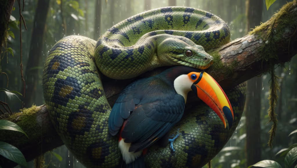 Tucano vacila e vira almoço de sucuri gigante