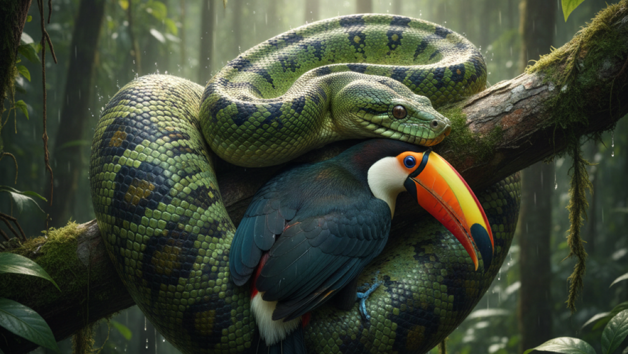 Tucano vacila e vira almoço de sucuri gigante