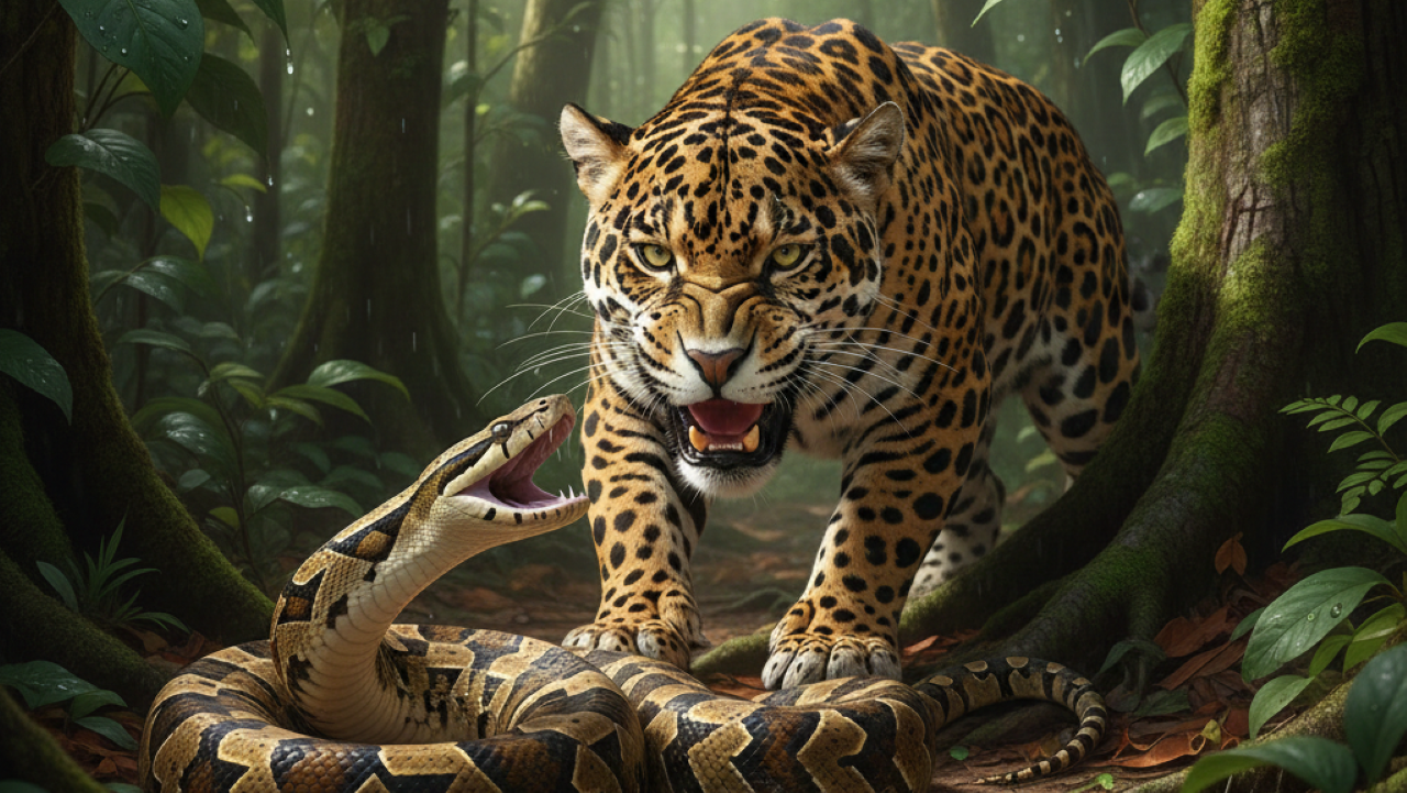 Onça-pintada encara jiboia e revela quem é o verdadeiro rei do pantanal