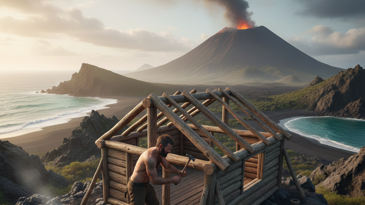 Homem passa 100 dias construindo cabana de madeira em ilha vulcânica