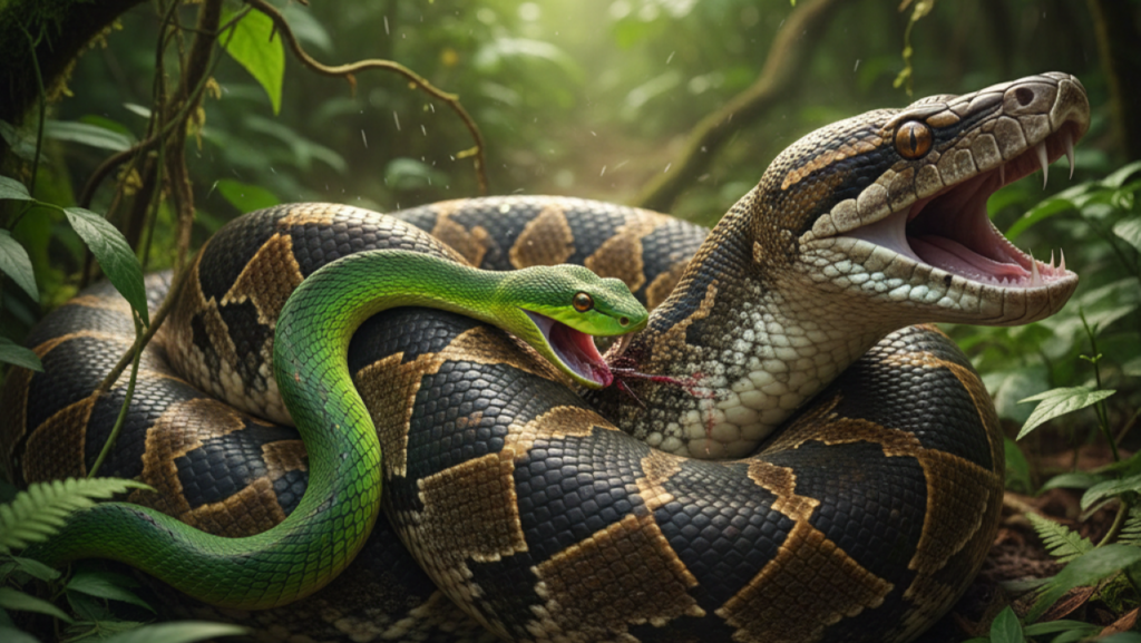 Cobra pequena tenta atacar a maior e vira refeição do dia