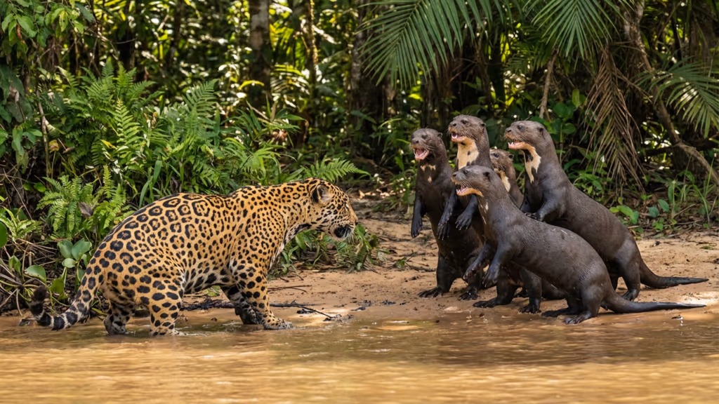 Onça-pintada encontra família de ariranhas e confronto tem resultado inusitado