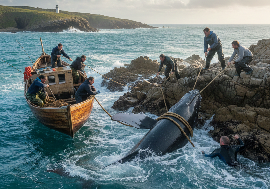 Pescadores fazem resgate emocionante de jovem baleia encalhada entre as rochas em Arraial do Cabo