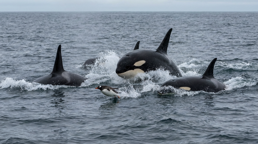 Pinguim solitário luta bravamente para não virar “tira-gosto” de orcas