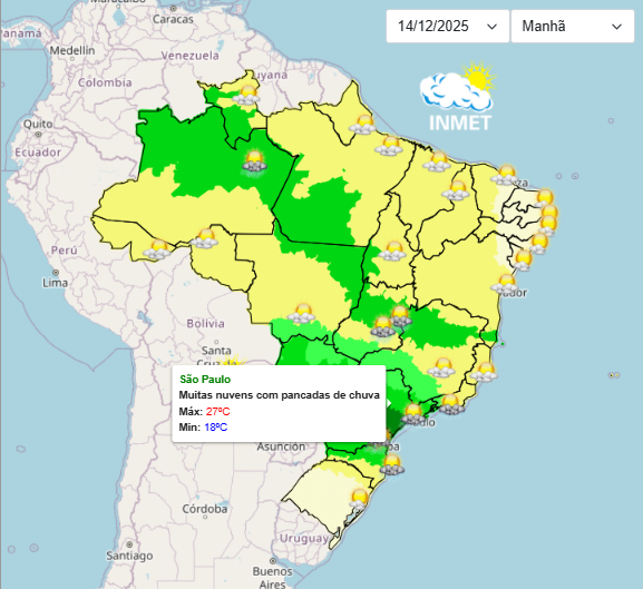 Previsão do tempo para a cidade de São Paulo neste domingo, 14