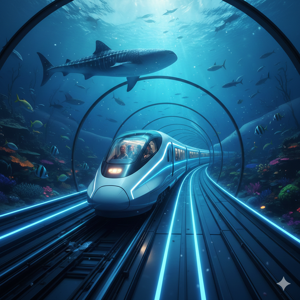 No total, o túnel possui 53,85 quilômetros de extensão, sendo cerca de 23,3 quilômetros sob o fundo do mar, a aproximadamente 140 metros abaixo do leito marinho.