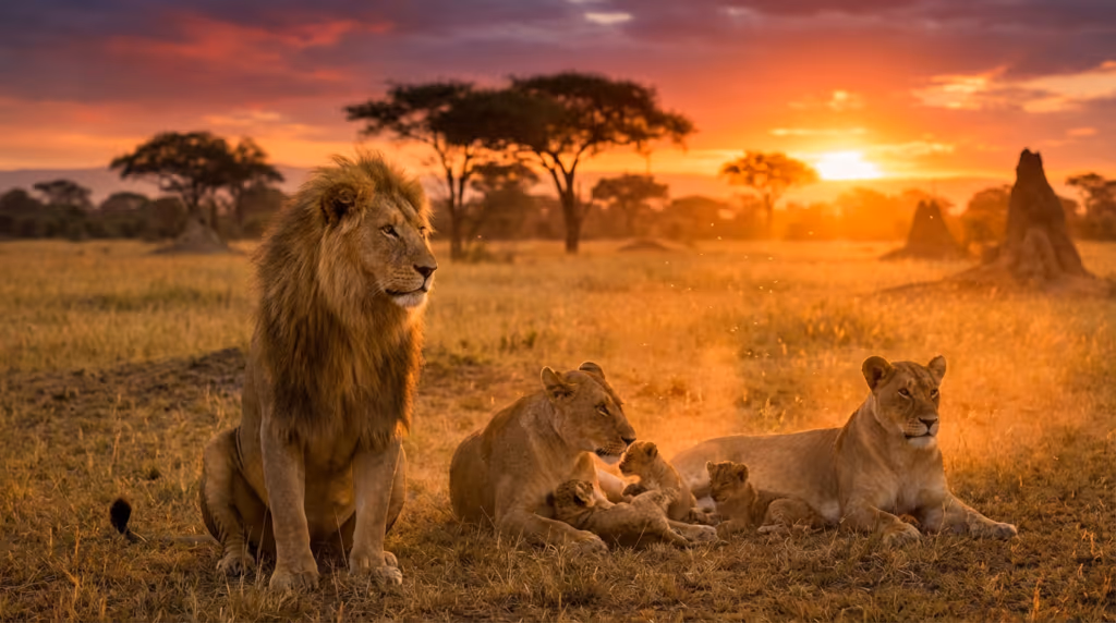 Turista registra primeiros passos e rugidos de um filhote de leão durante o pôr do sol na savana africana