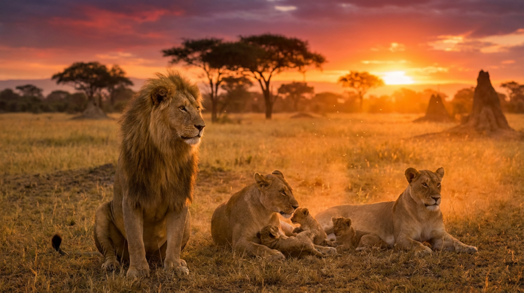 Turista registra primeiros passos e rugidos de um filhote de leão durante o pôr do sol na savana africana